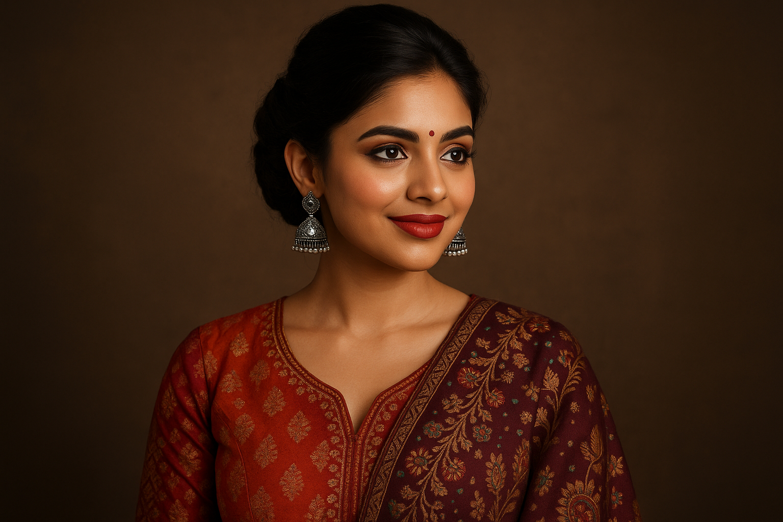 indian girl wearing ethnic attire in her 20 s ,wearing jhumkis in silver oxidized jhumkis ,hair tied ,makeup done for party