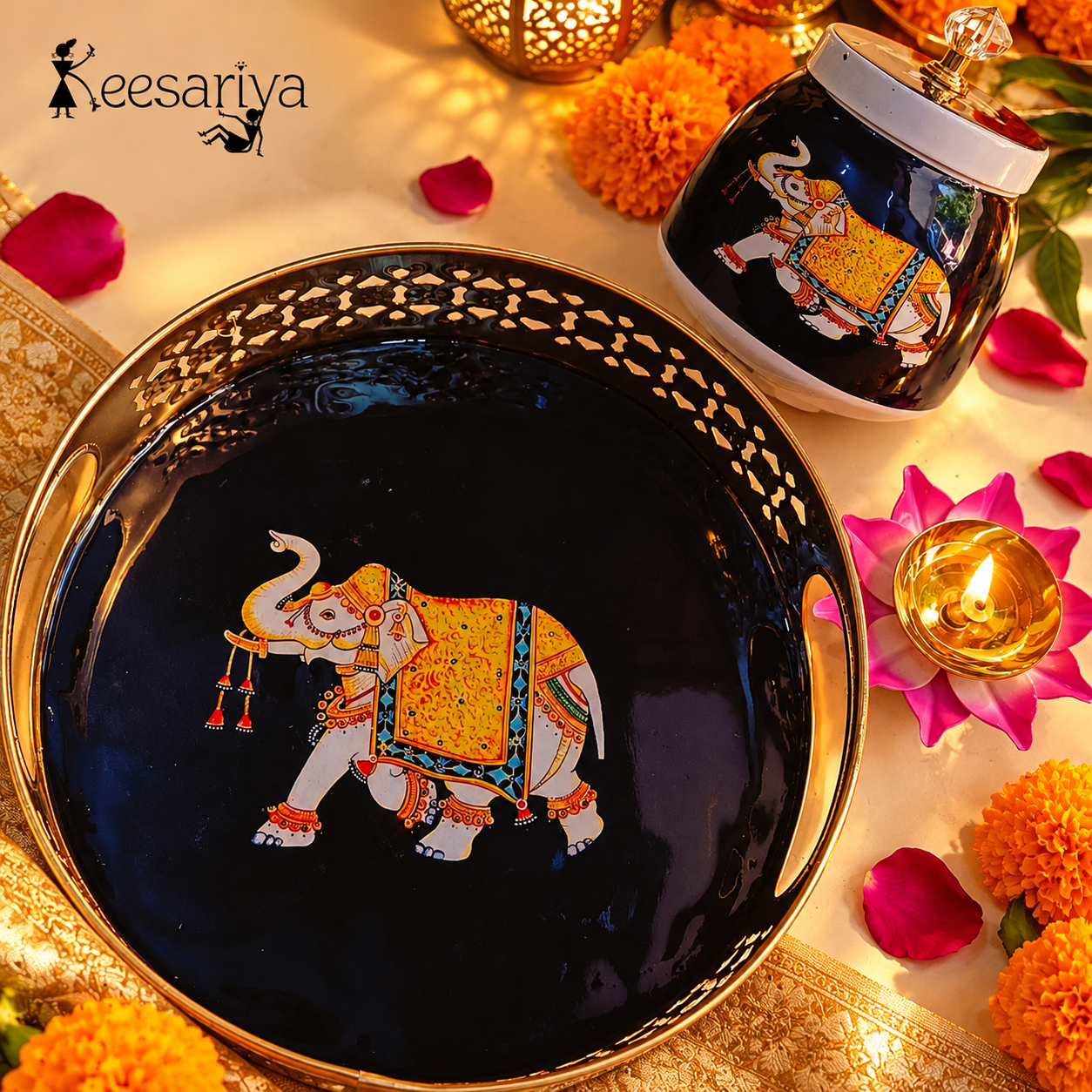 PICHWAI GAJRAJ TRAY-JAR-DIYA SET
